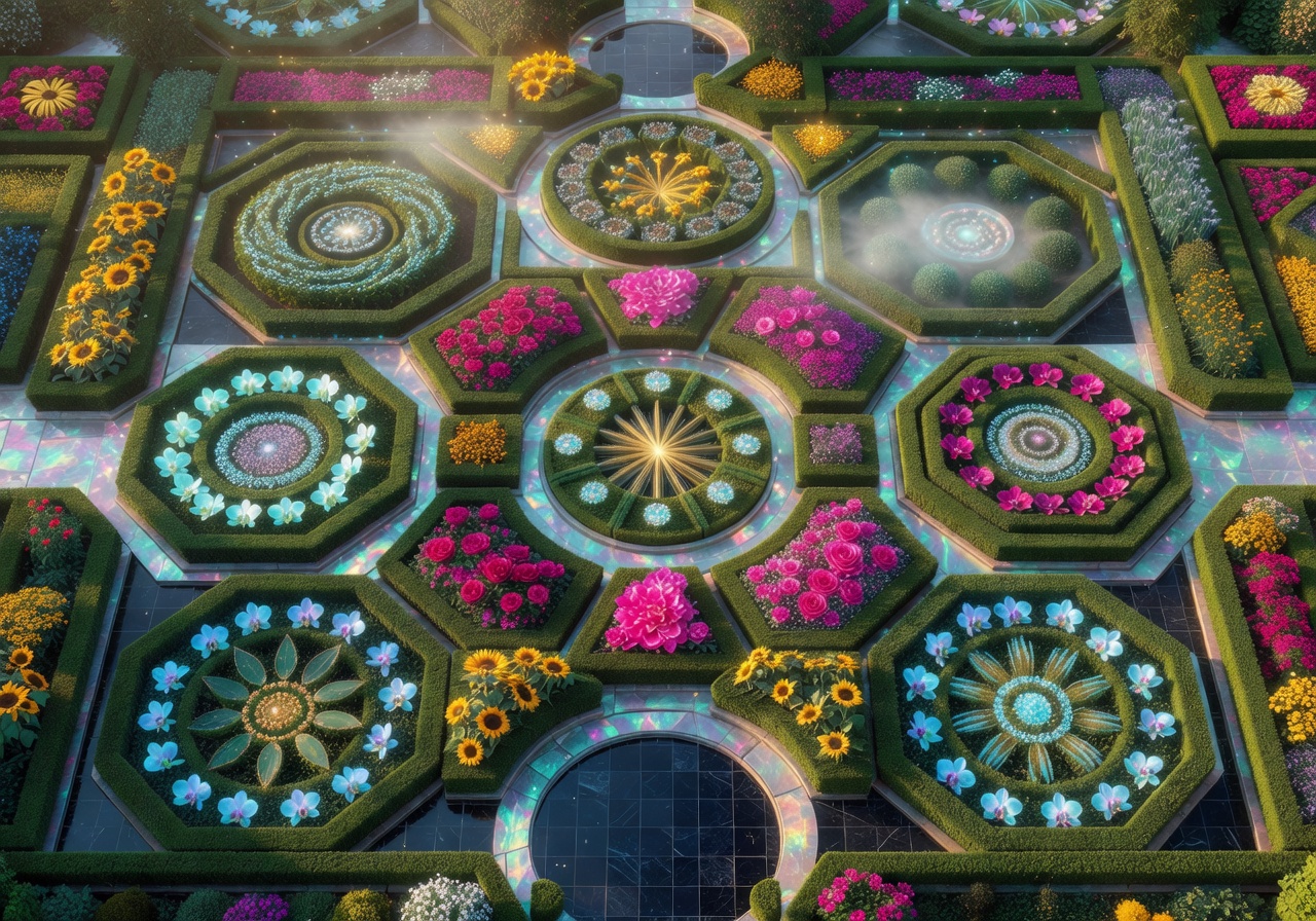 Aerial view of a magical geometric botanical garden with symmetrical flower beds bursting in vibrant bloom