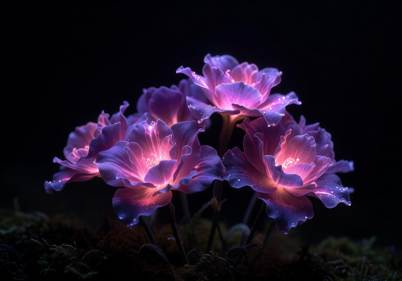 Close up of exotic luminous fantasy flowers with glowing petals in rich purples and pinks against dark background