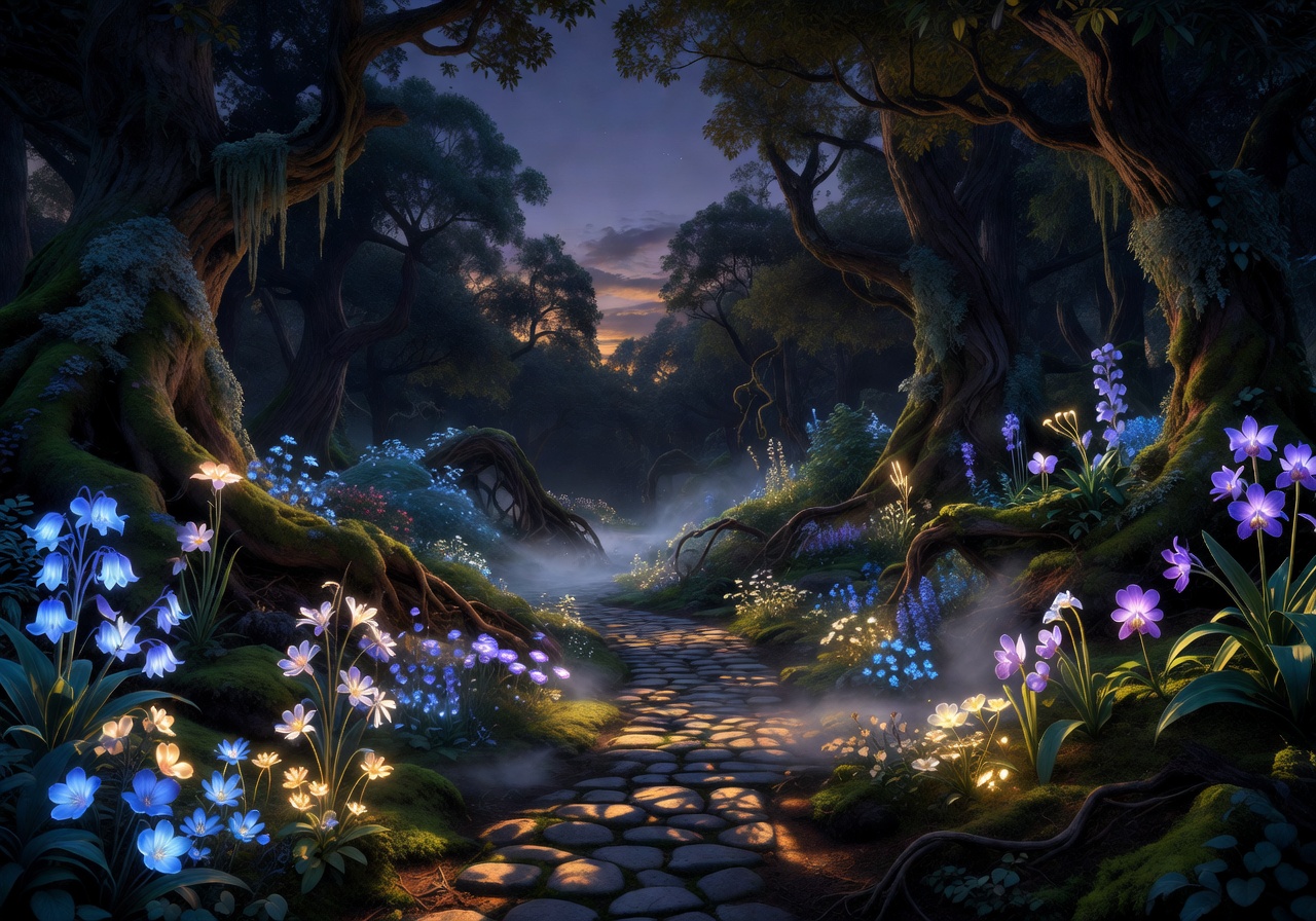Glowing enchanted garden at twilight with magical luminous flowers illuminating a mystical forest path