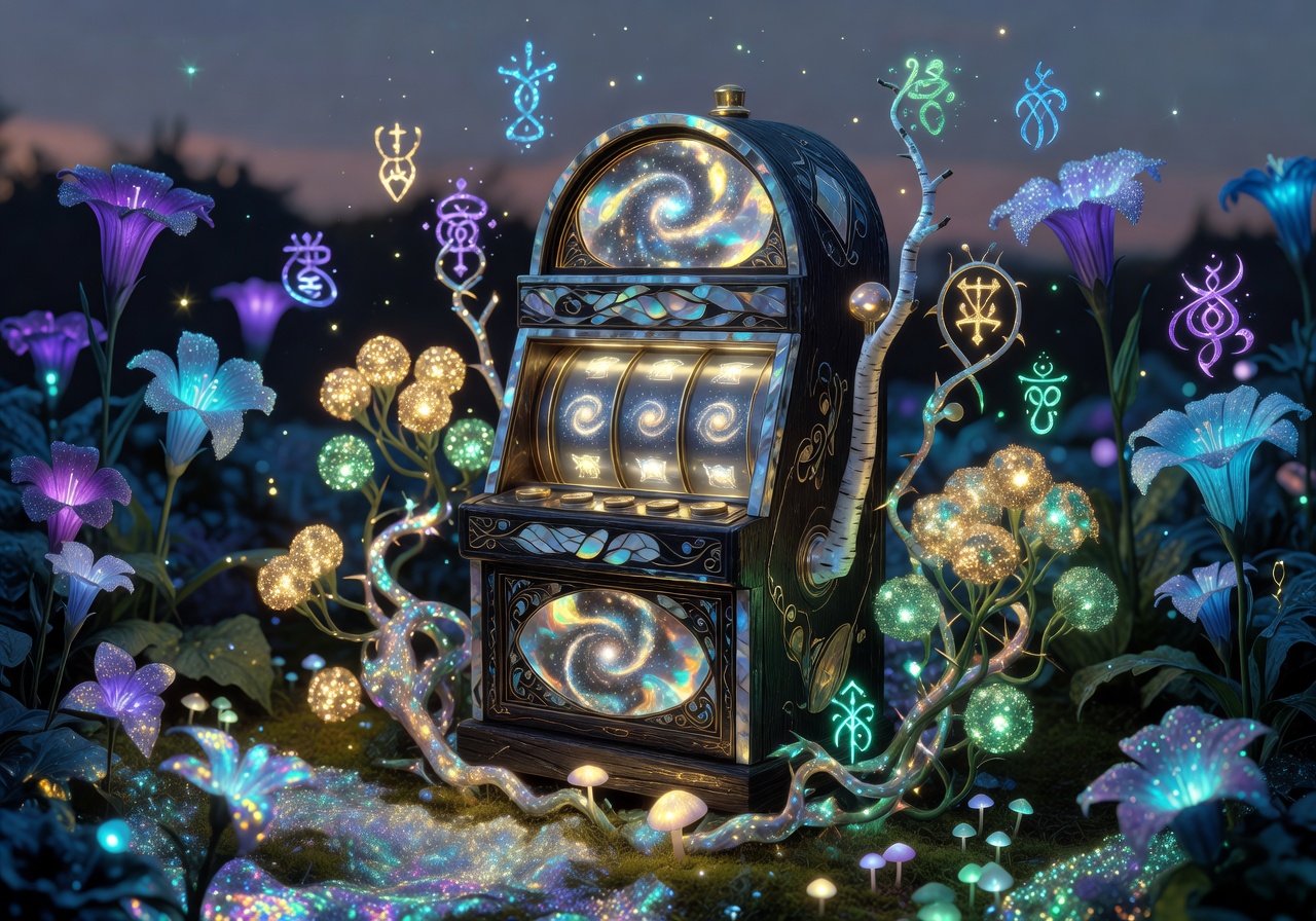 Magical slot machine surrounded by glowing exotic flowers and enchanted botanical symbols in a fantasy garden