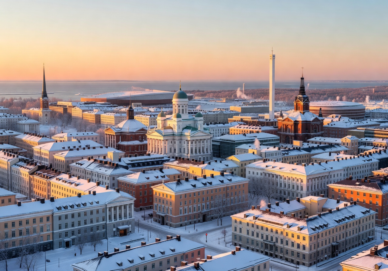 Panoramic view of Helsinki Finland city skyline with snow capped buildings at golden hour